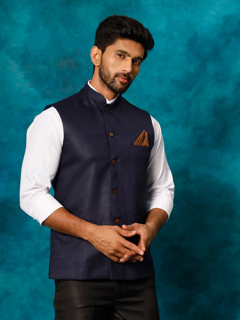 Vastramay Men's Navy Blue Woven Nehru Jacket